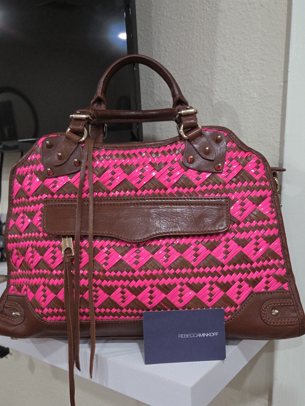 Rebecca Minkoff Pink and Brown Woven Satchel with Leather Trim Original Dust Bag